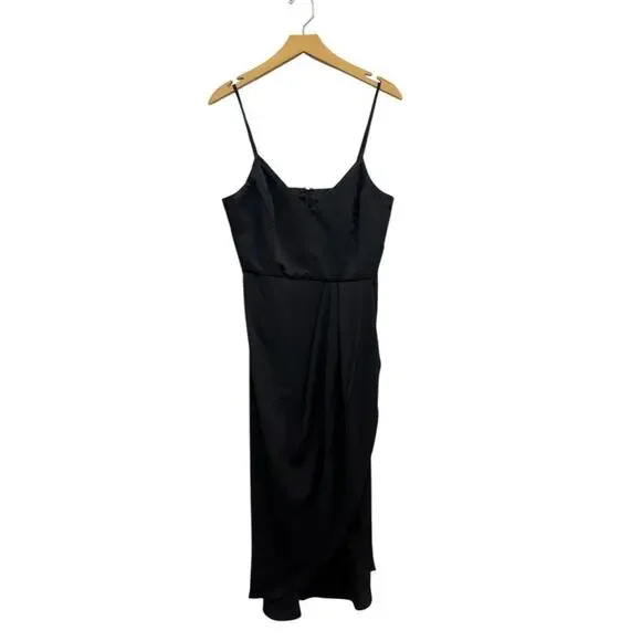 Lulus V Neck Spaghetti Strap Pleated Faux Wrap Reinette Black Midi Dress size L - Picture 2 of 5